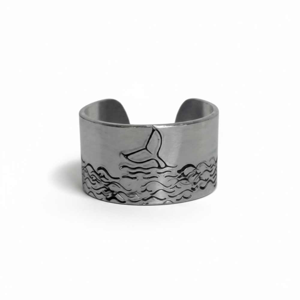 Handmade‎ whale tail adjustable wide cuff ring hypoallergenic silver aluminum
